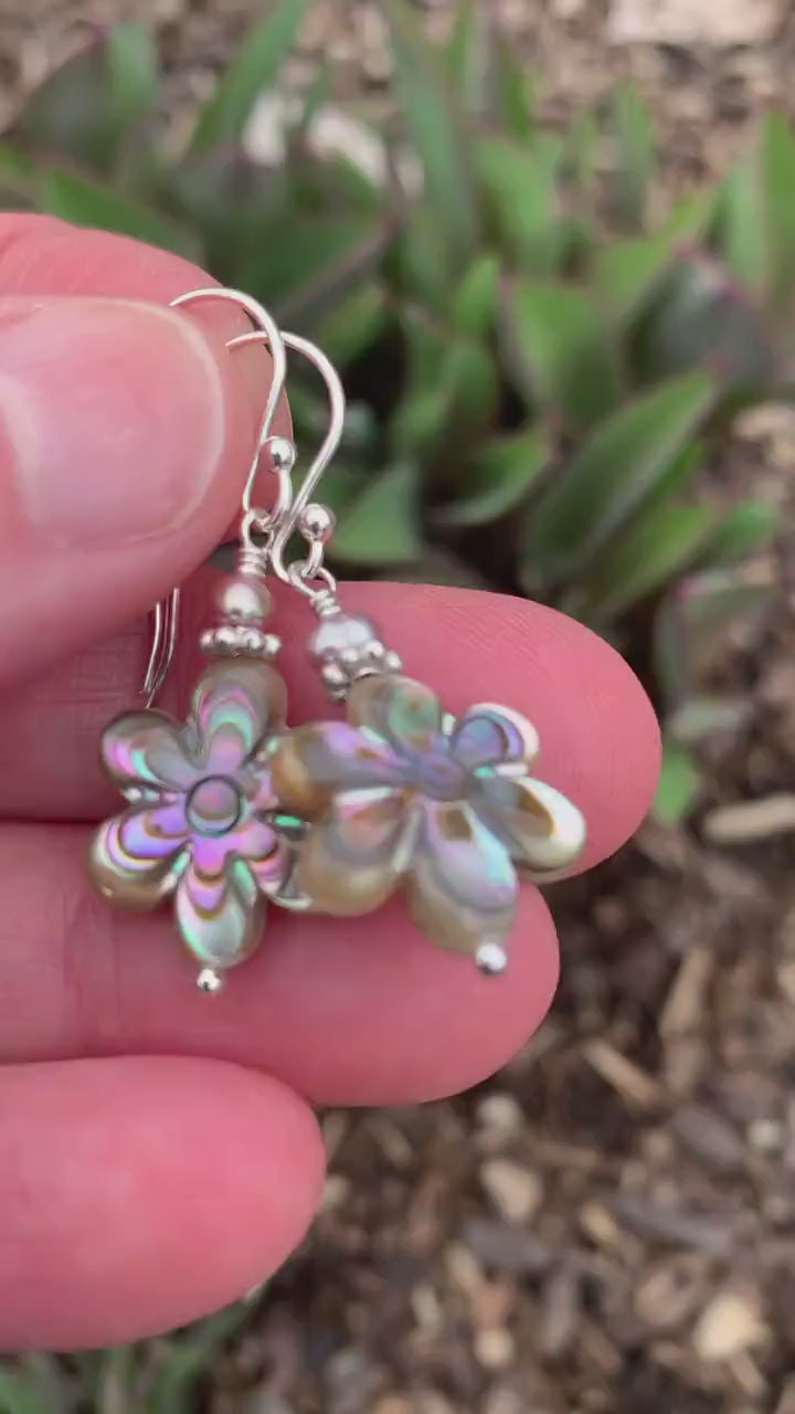 Paua Abalone Flower Earrings • Solid 925 Sterling Silver • New Zealand Abalone Shell • Handmade Mother of Pearl Jewelry • LAST ONES!