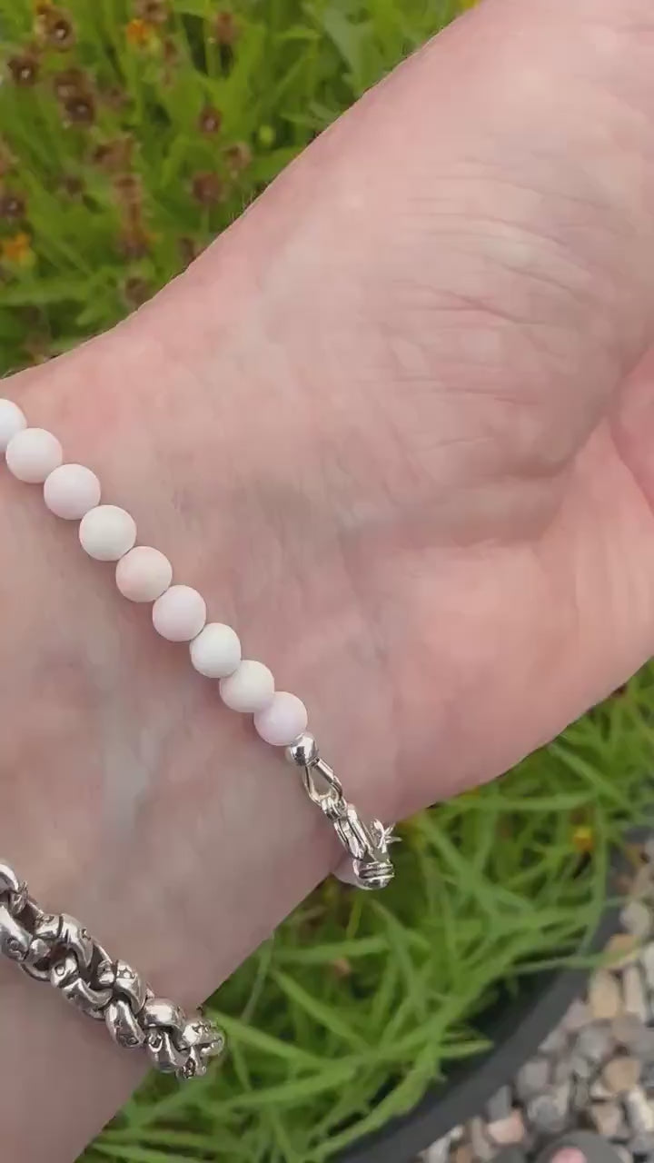 Pink Queen Conch Shell Bracelet - Sterling Silver Light Pink Gemstone Beaded Jewelry, Minimalist Stacking Bracelet, Handmade Gift for Her