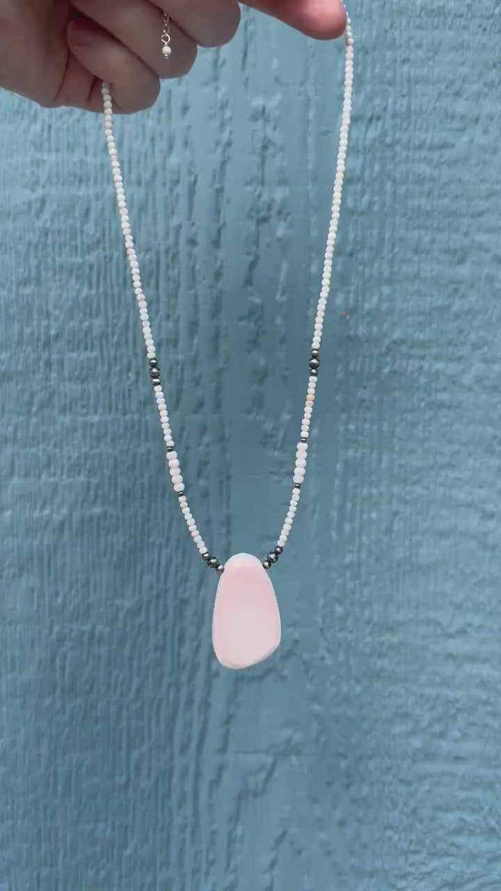 Pink Queen Conch Shell, Navajo Pearl, and Solid 925 Sterling Silver Necklace