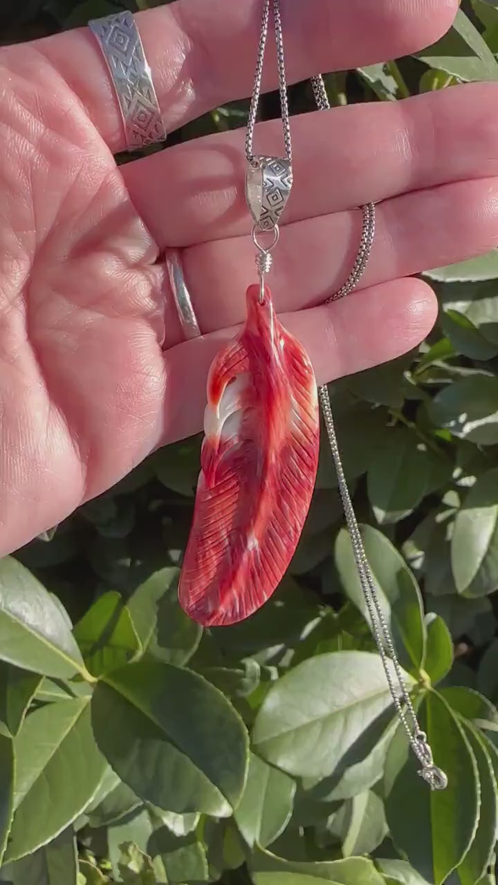 Large Carved Orange Spiny Oyster Feather and Sterling Silver Pendant