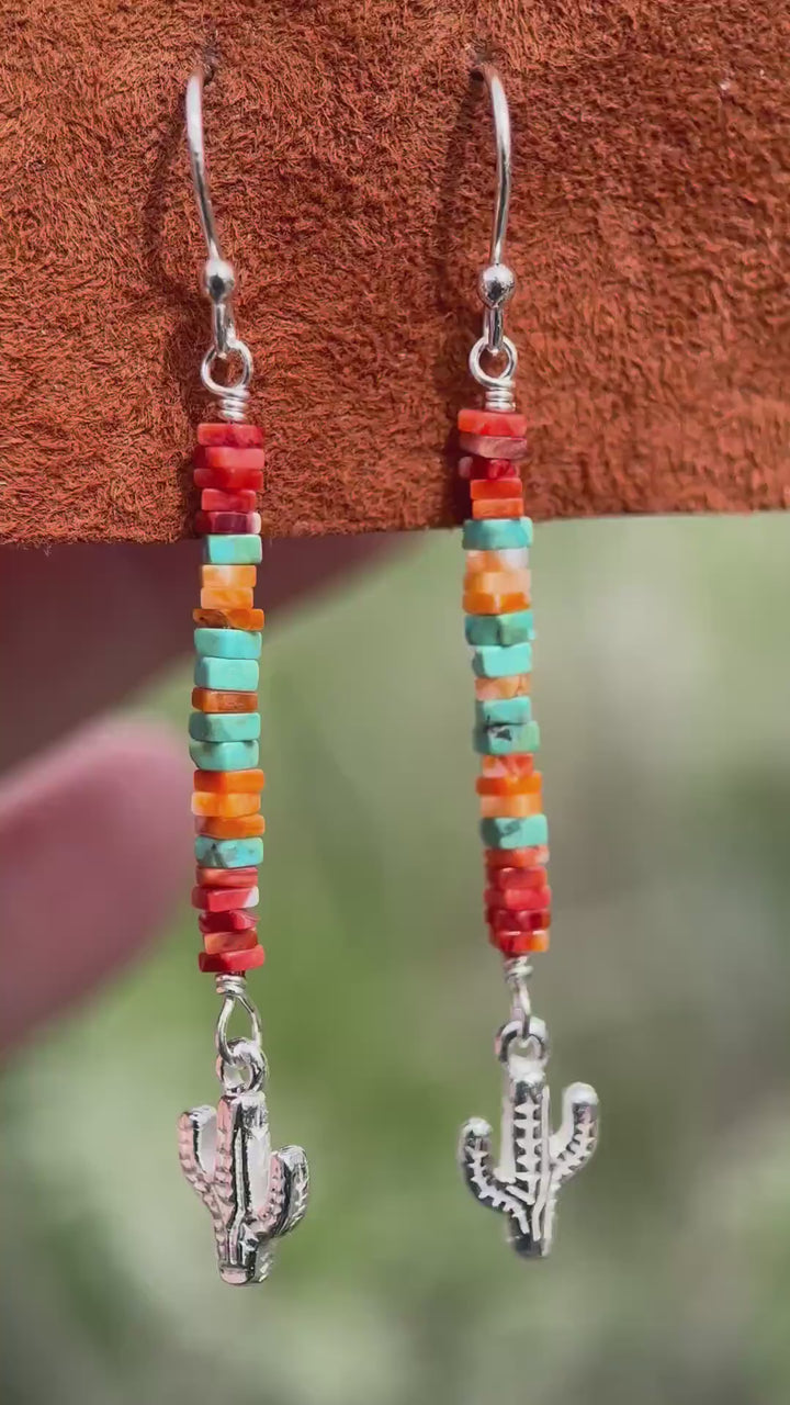 Spiny Oyster & Turquoise Earrings | Sterling Silver Feathers | Blue, Orange, Red Shell