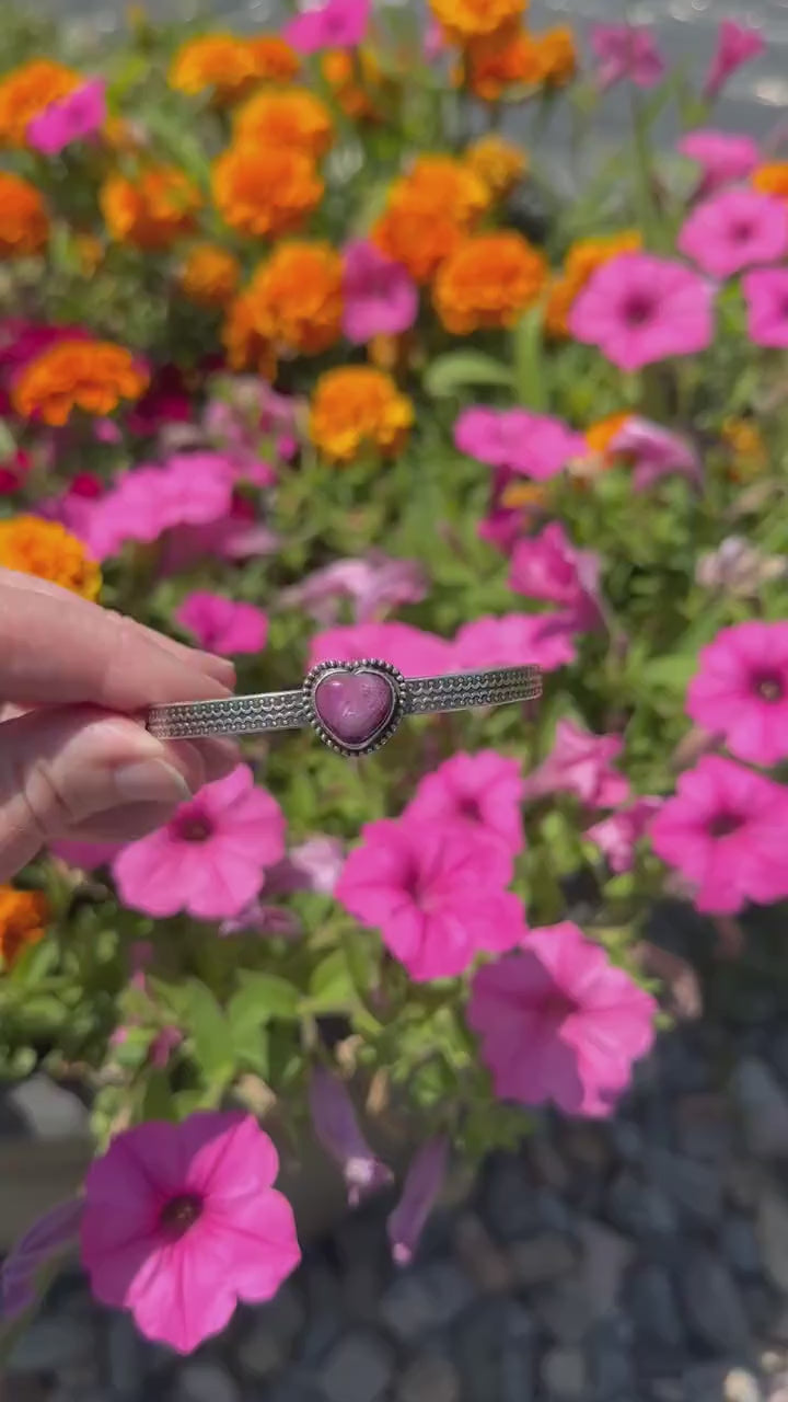 Pink Ruby Heart and Sterling Silver Cuff Bracelet