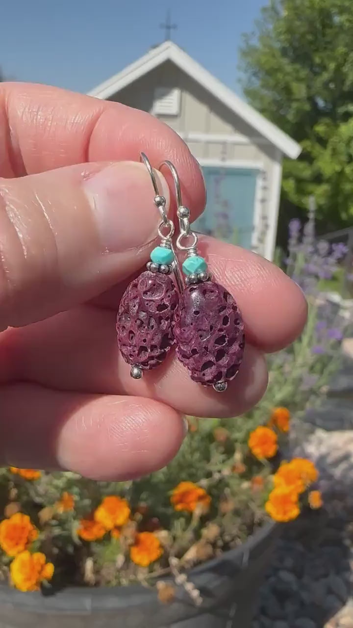 Purple Spiny Oyster Shell, Turquoise, and Sterling Silver Earrings