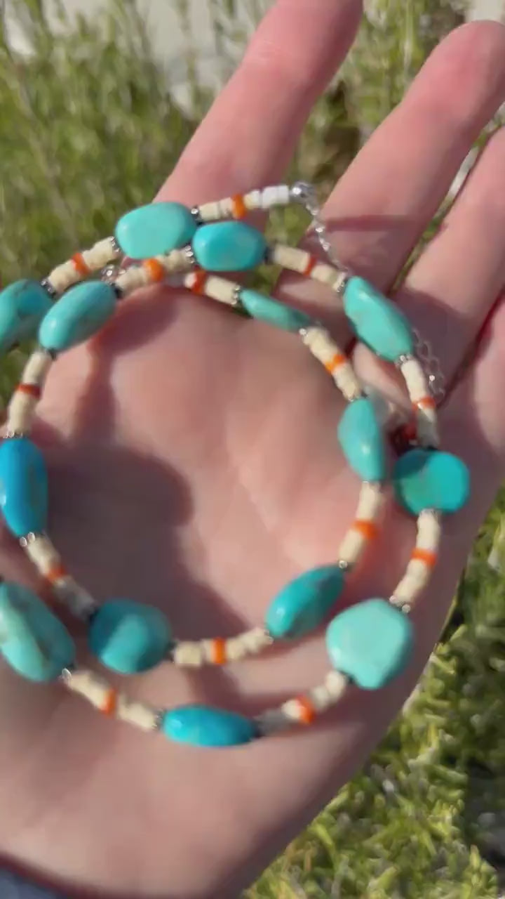 Nacozari Turquoise, Spiny Oyster, and Sterling Silver Necklace