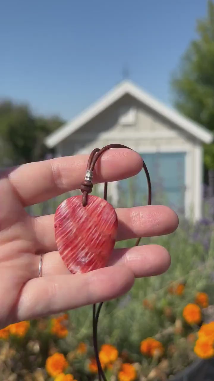 Beautiful Red Spiny Oyster Shell, Thai Hill Tribe Silver and Rustic Brown Leather Necklace