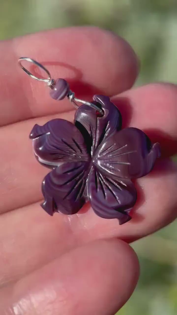 Purple Wampum Flower Pendant, Carved Quahog Shell Jewelry, Sterling Silver Bail, 1 Inch Statement Pendant