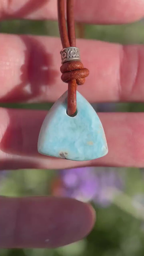 Larimar Crystal Pendant Necklace | Sterling Silver, White Freshwater Pearls, and Rustic Brown Leather Necklace