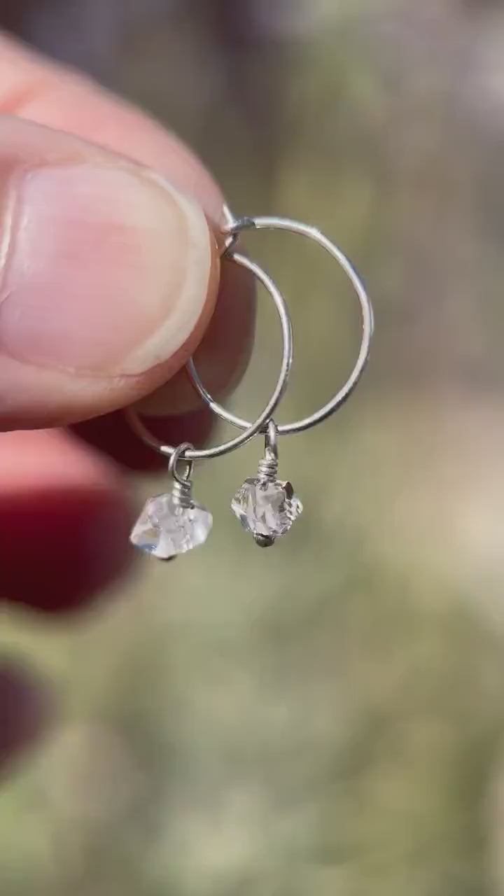 Herkimer Diamond Charm Hoop Earrings Available in Solid 925 Sterling Silver, 14k Yellow or Rose Gold Fill