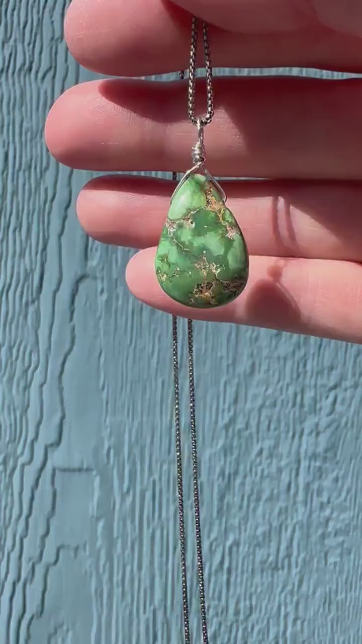 Green Turquoise Mountain Nugget Pendant on a Sterling Silver Chain