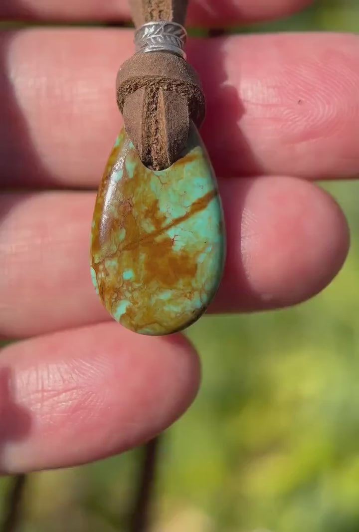 Kingman Turquoise Leather Necklace – Green Turquoise Pendant with Hill Tribe Silver – Adjustable & Handmade in the USA