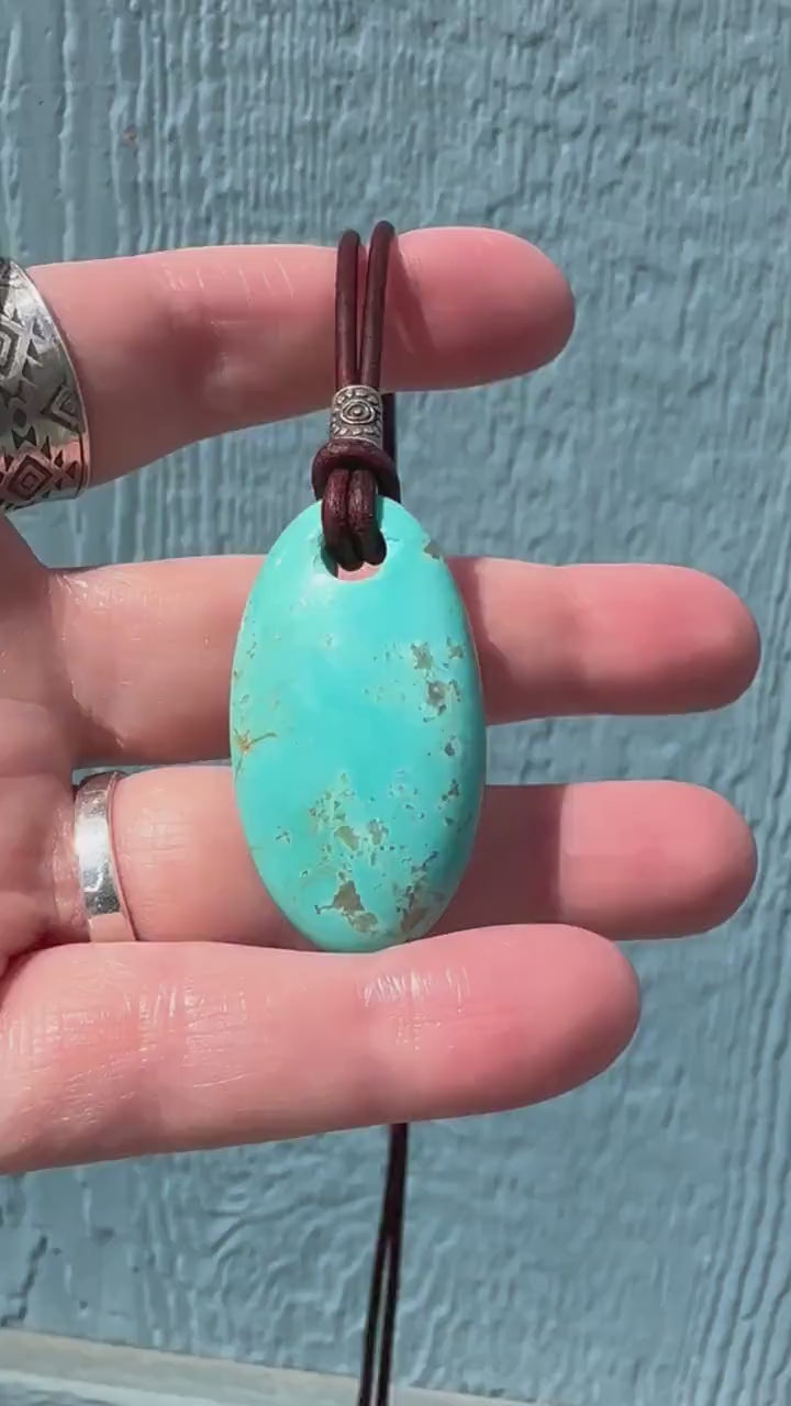 Kingman Turquoise and Rustic Brown Leather Necklace