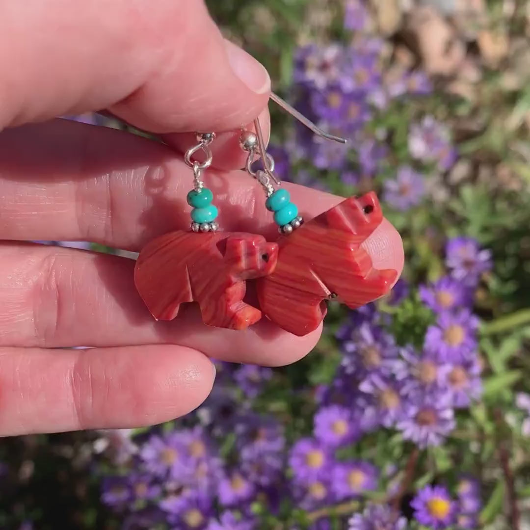 Zuni Bear Coral and Turquoise Earrings