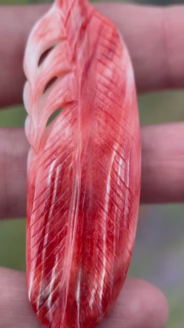 Large Carved Red Spiny Oyster Feather and Sterling Silver Pendant