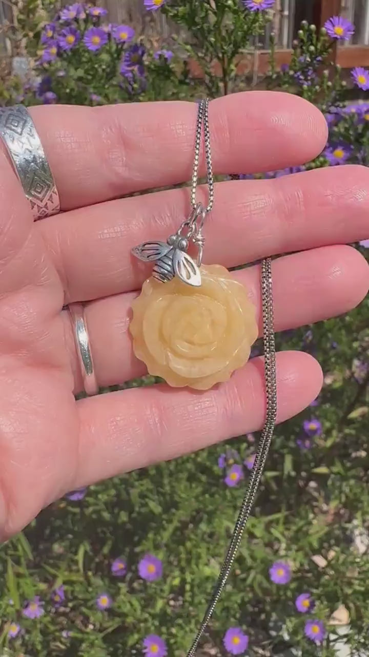 Carved Yellow Jade Flower and Sterling Silver Bee Charm Necklace
