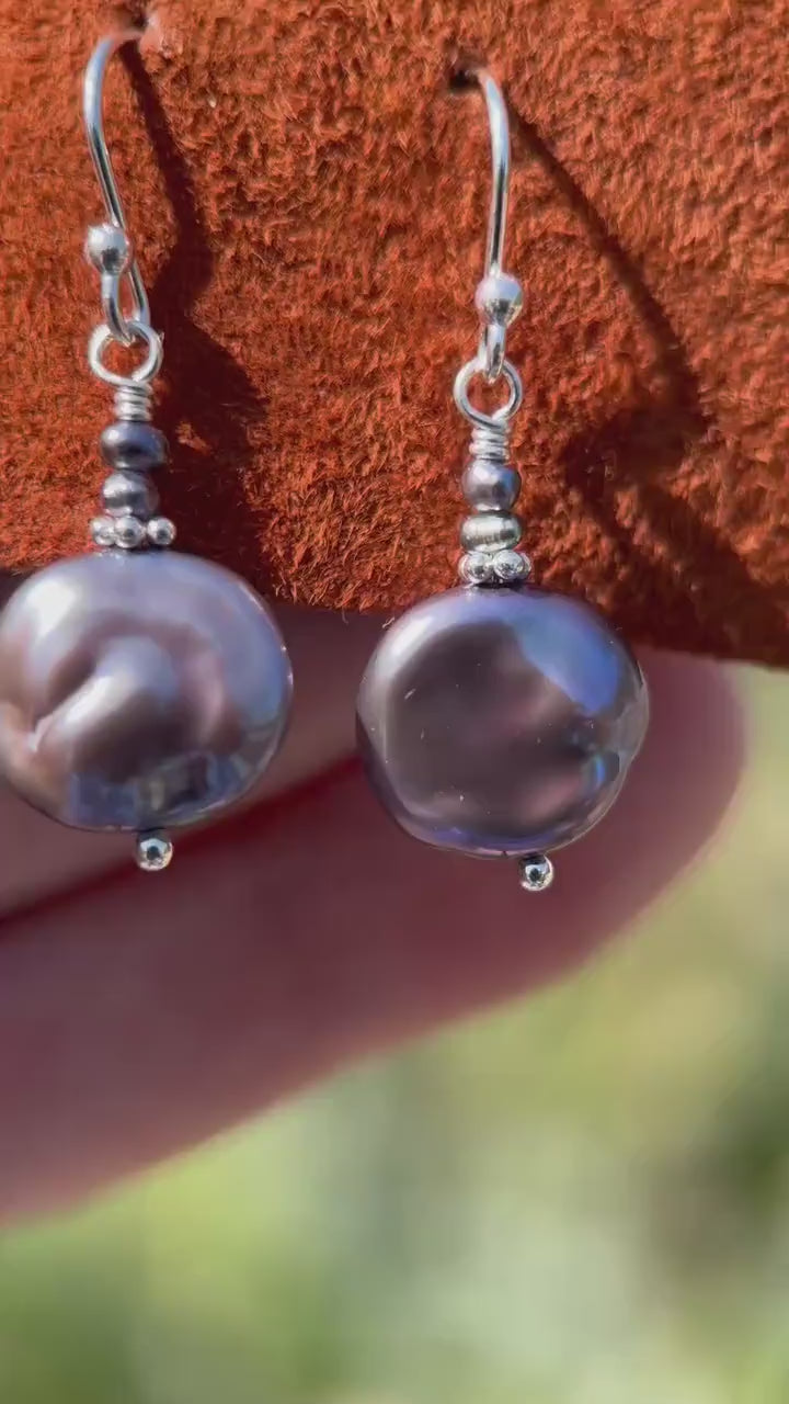 Peacock Baroque Coin Pearl Earrings – Iridescent Freshwater Pearls with Sterling Silver – Handmade in the USA