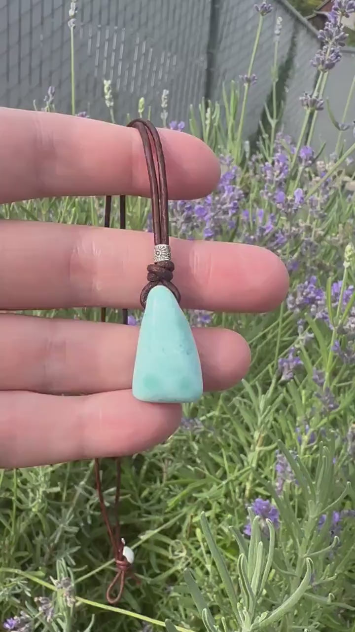 Larimar Crystal, Thai Hill Tribe Silver and Rustic Brown Leather Necklace