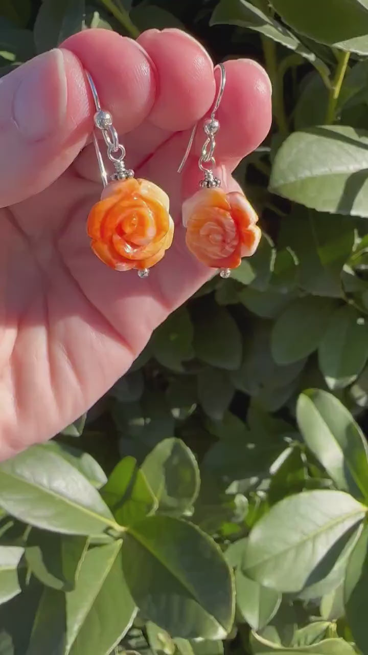 Orange Spiny Oyster Carved Flower and Solid 925 Sterling Silver Earrings