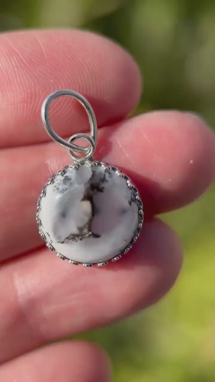 Dendritic Opal Chalcedony and Sterling Silver Pendant Snowy Landscape Necklace