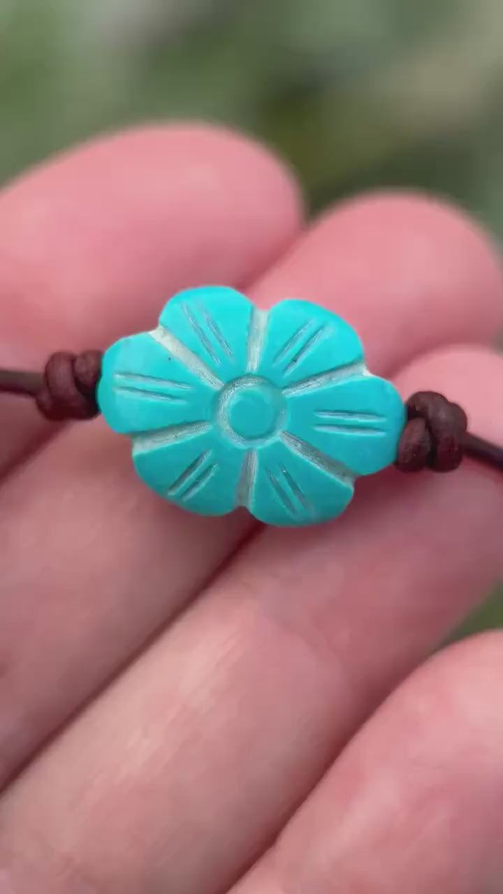 Turquoise Blue Flower Necklace - Carved Egyptian Faience Flower Pendant, Artisan Leather Jewelry, Ancient Egyptian Inspired Gift