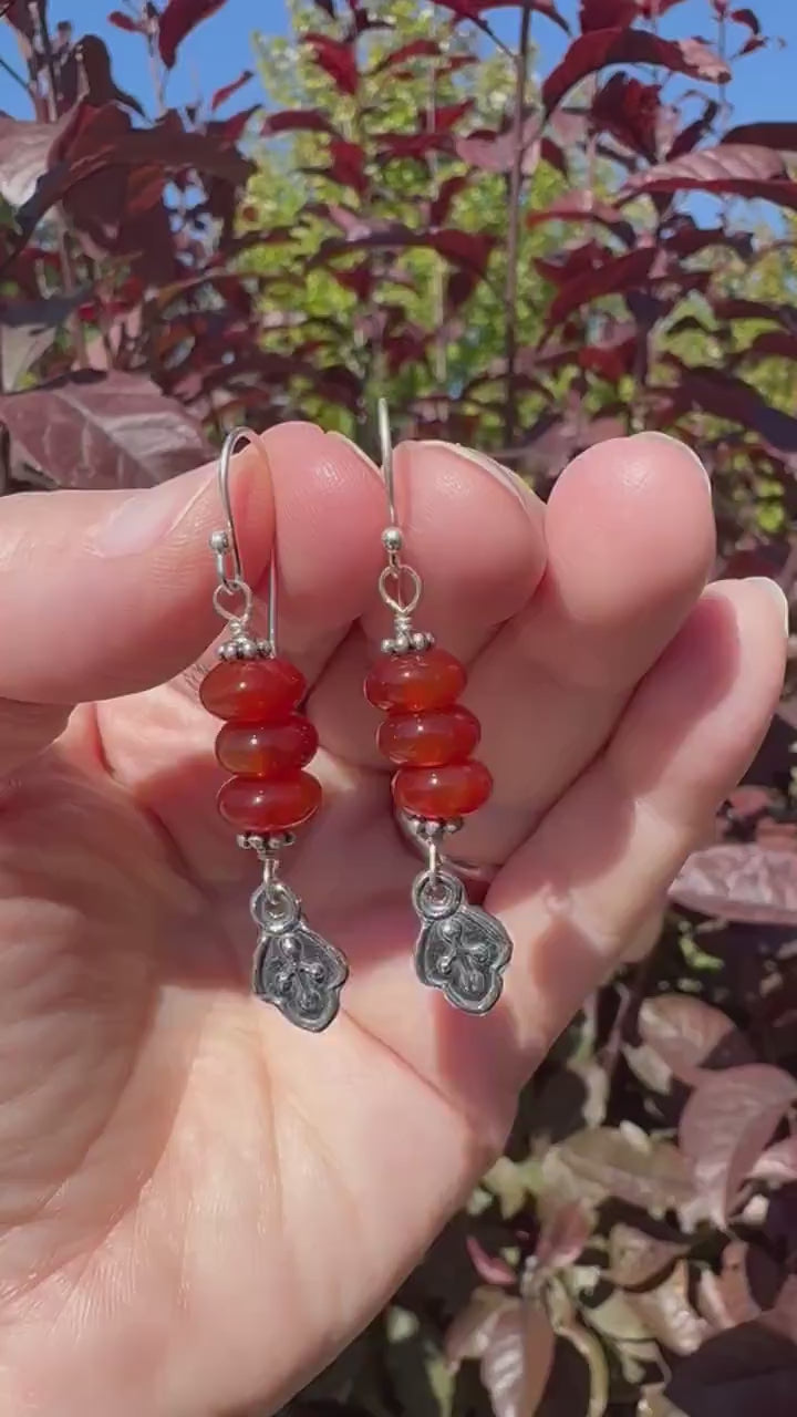 Red-Orange Carnelian and Sterling Silver Leaf Charm Earrings