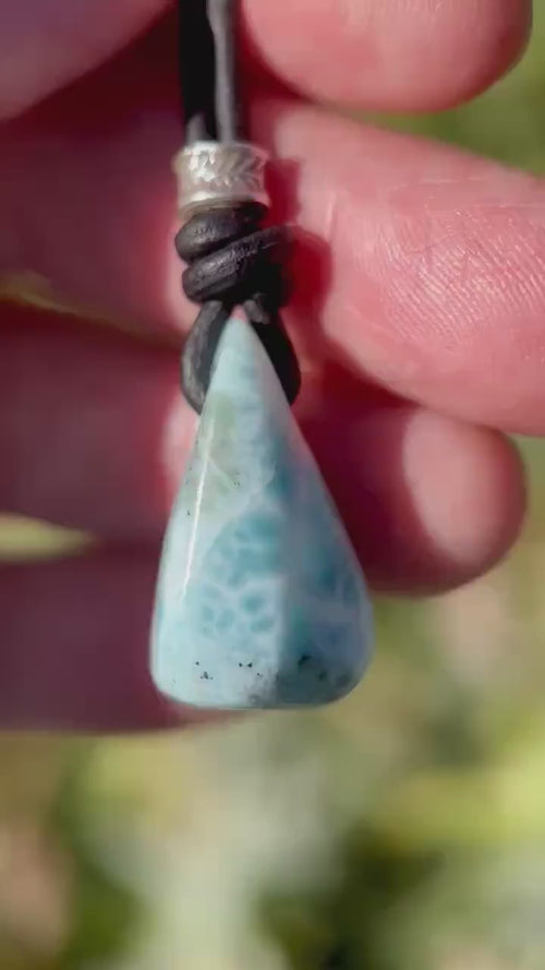 Larimar and Freshwater Pearl Necklace - Dominican Larimar Black Leather Cord Necklace - Ocean Inspired Gift