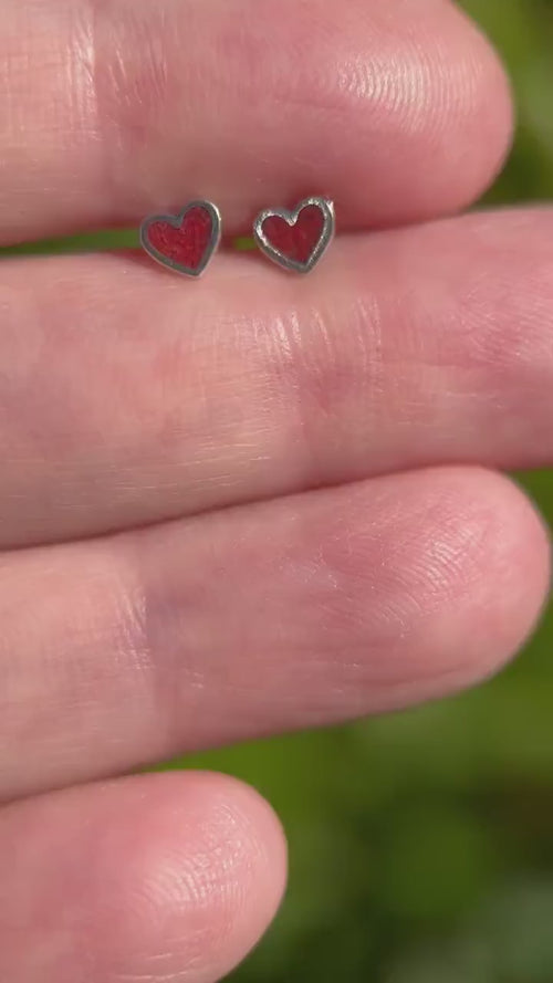 Tiny Red Coral Sterling Silver Heart Stud - Inlay Post Earrings