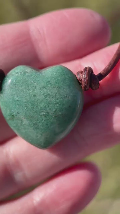 Aventurine Heart Crystal and Rustic Brown Leather Necklace