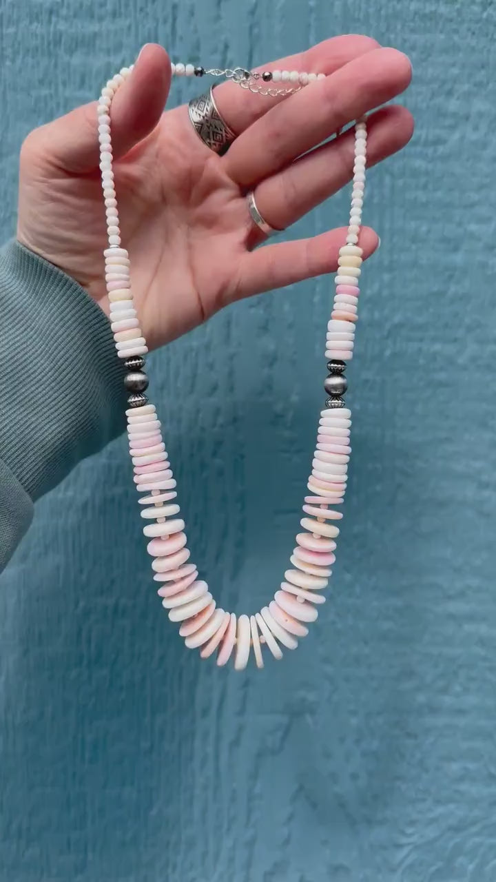 Huge Pink Queen Conch Shell, Navajo Pearl and Solid 925 Sterling Silver Necklace