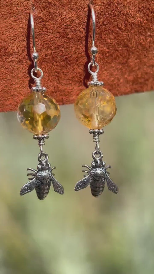 Golden Citrine Bee Earrings | Sterling Silver November Birthstone Jewelry | Artisan Nature-Inspired Gift | Bumble Bee Charm Dangle Earrings