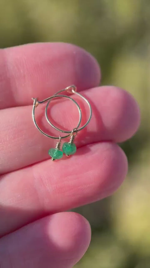 Little Emerald Charm Hoop Earrings, Available in Solid 925 Sterling Silver, 14k Yellow or Rose Gold Fill