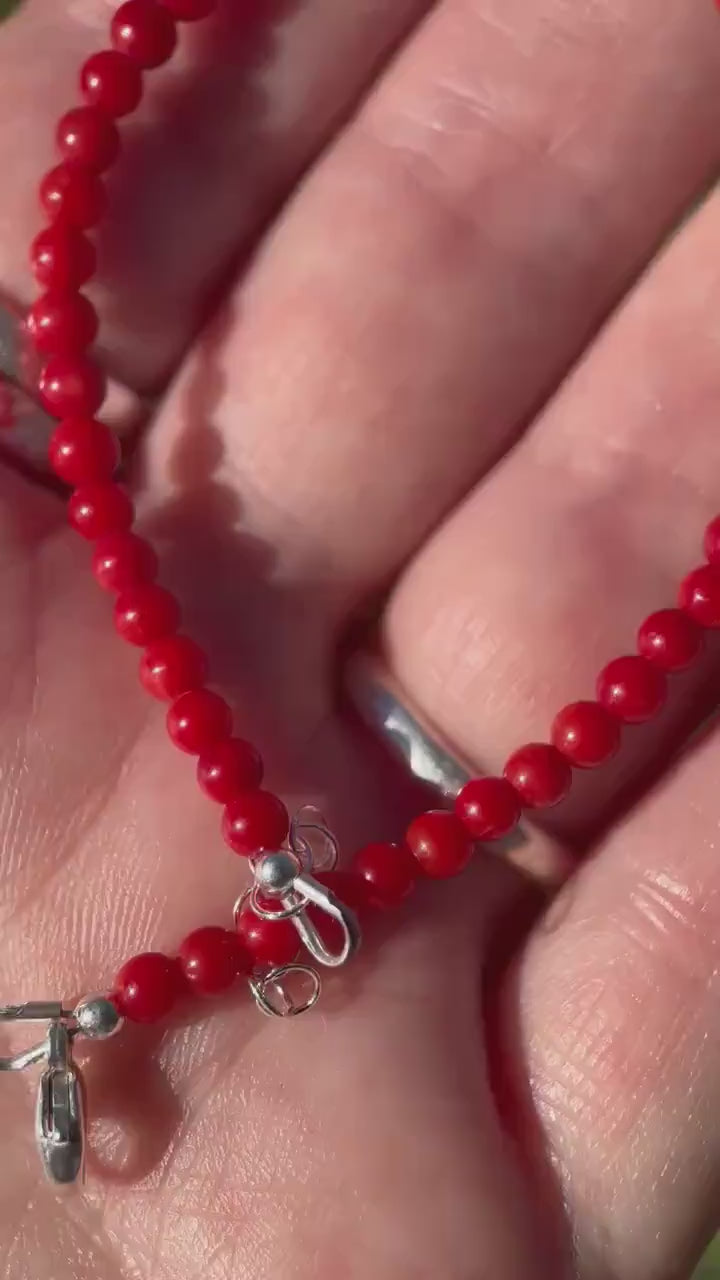 Red Coral Beaded Bracelet - Solid 925 Sterling Silver - Adjustable Dainty Jewelry