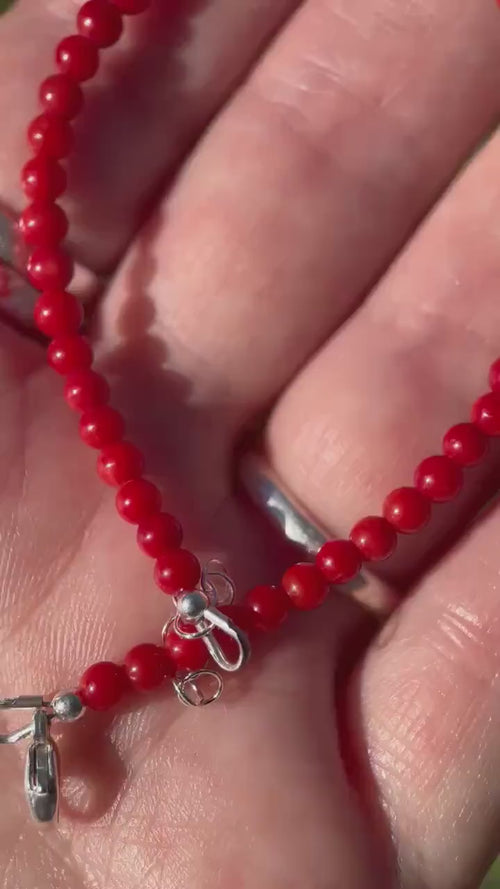Red Coral Beaded Bracelet - Solid 925 Sterling Silver - Adjustable Dainty Jewelry