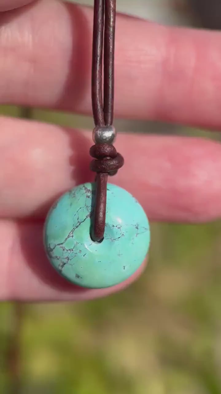 Natural Blue Turquoise Donut on Rustic Leather Necklace – December Birthstone - Handmade in the USA