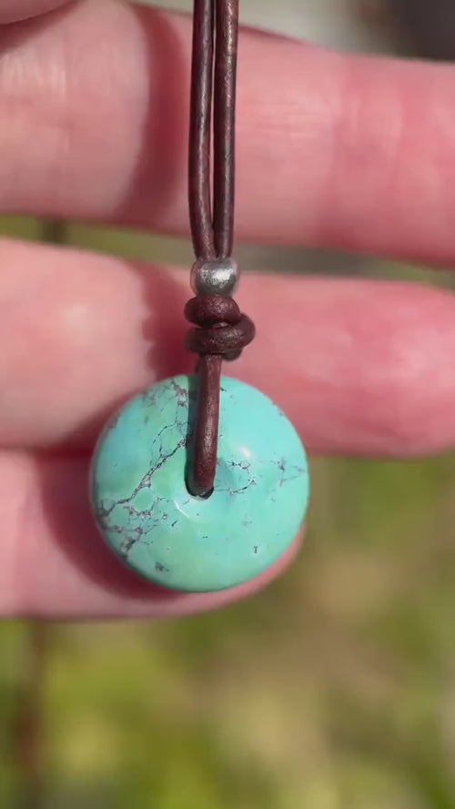 Natural Blue Turquoise Donut on Rustic Leather Necklace – December Birthstone - Handmade in the USA
