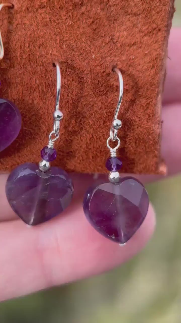 Amethyst Heart Earrings  • Sterling Silver or 14k Gold Fill • Faceted Purple Gemstone Dangles • February Birthstone Jewelry