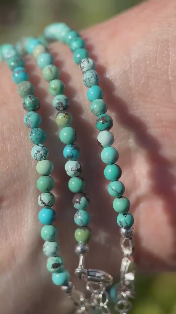 Turquoise Beaded Bracelet – 3mm Colorful Green-Blue Gemstones with Solid 925 Sterling Silver – Handmade in the USA - Adjustable