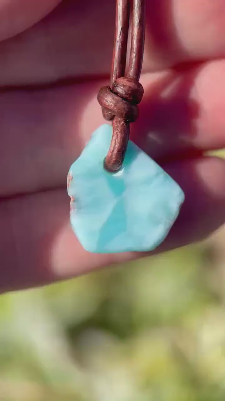 Larimar Crystal Pendant Necklace | Sterling Silver, White Freshwater Pearls, and Rustic Brown Leather Choker