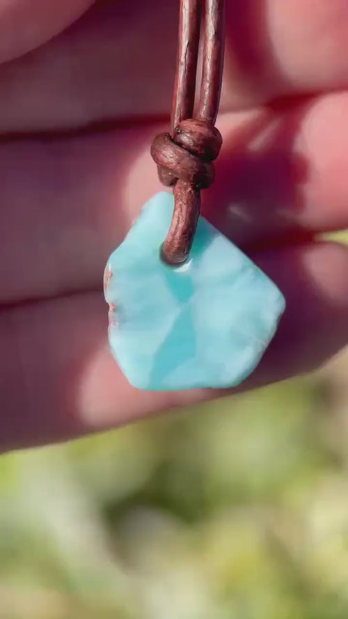 Larimar Crystal Pendant Necklace | Sterling Silver, White Freshwater Pearls, and Rustic Brown Leather Choker