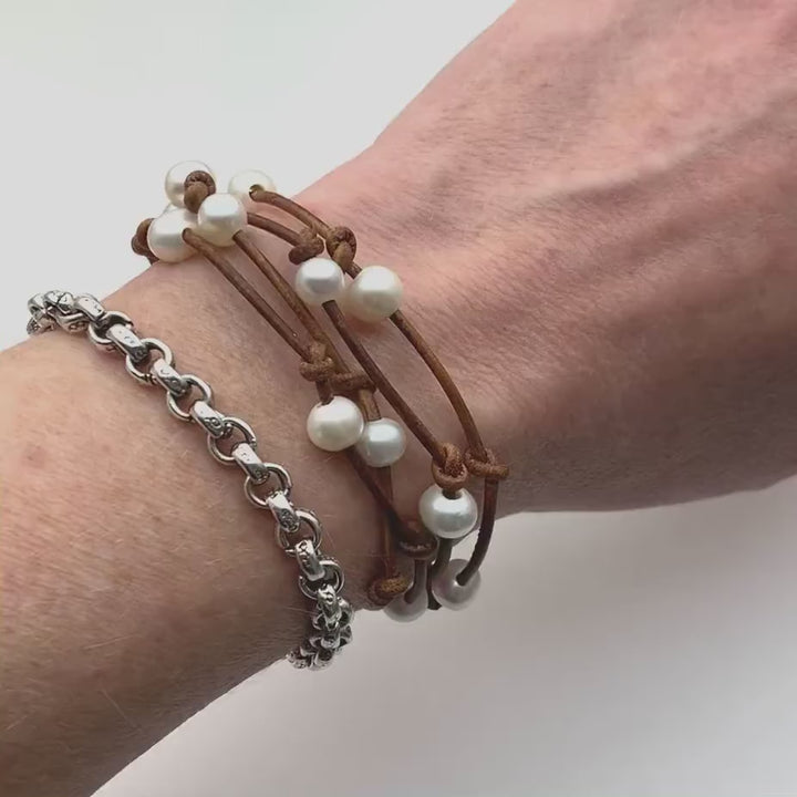 Pearl Bracelet | Rustic Brown Leather Multi-Strand Wrap Jewelry, White Freshwater Pearls, Silver Charm