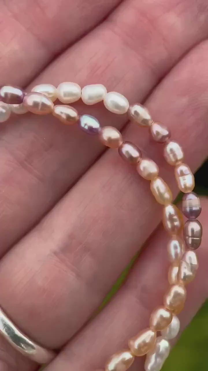 Multicolor Freshwater Pearl Necklace - Sterling Silver, Pink Peach White Pearl Jewelry, Baroque Rice Layering Necklace, Gift for Her