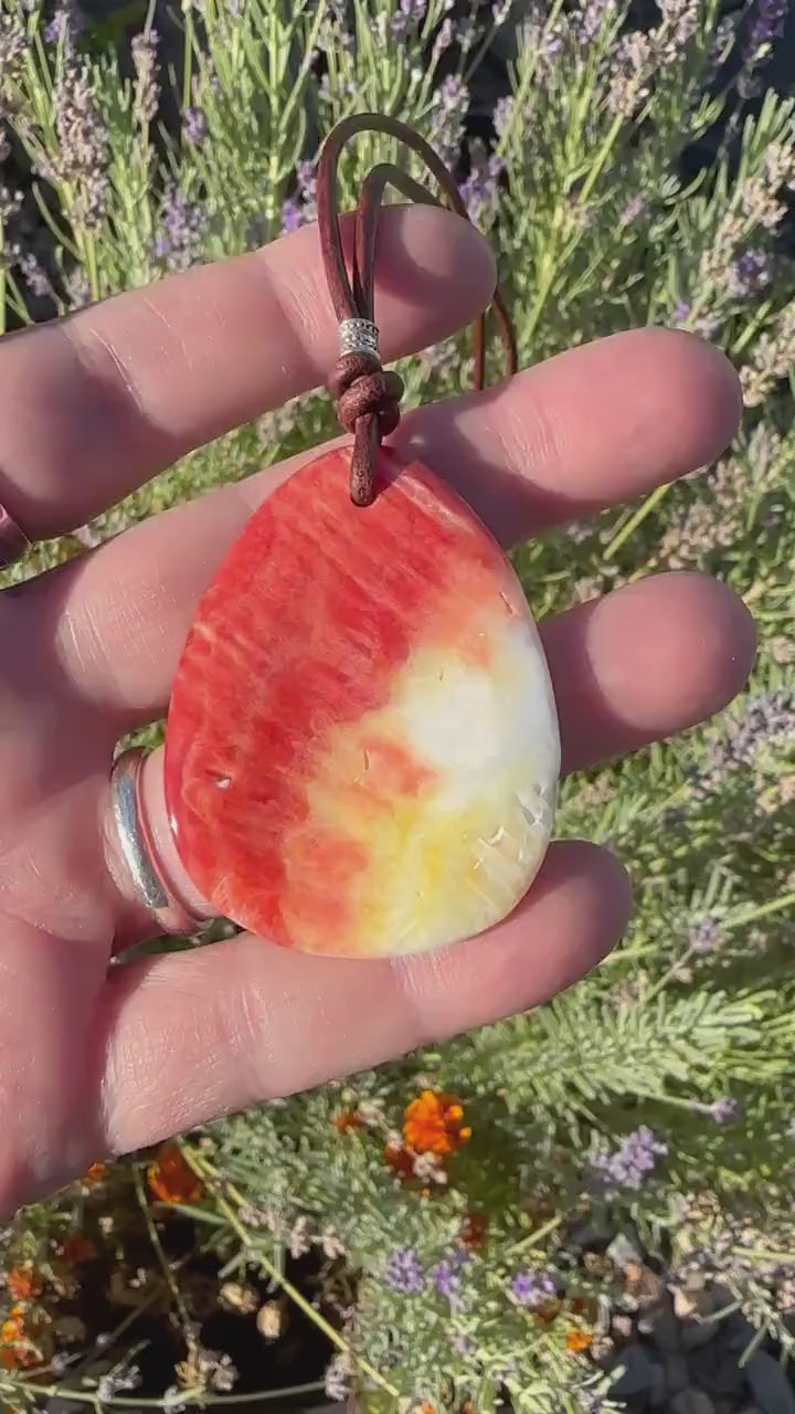 Beautiful Red Spiny Oyster Shell, Thai Hill Tribe Silver and Rustic Brown Leather Necklace