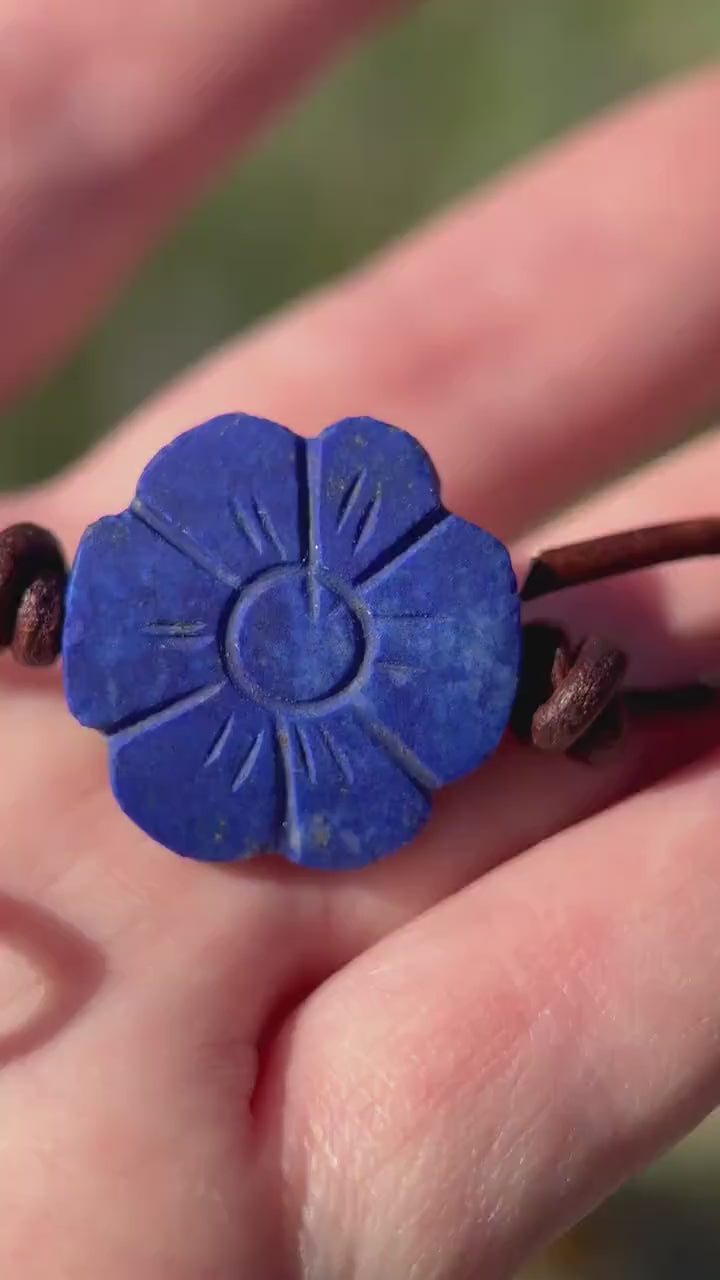 Lapis Lazuli Carved Flower and Brown Leather Necklace