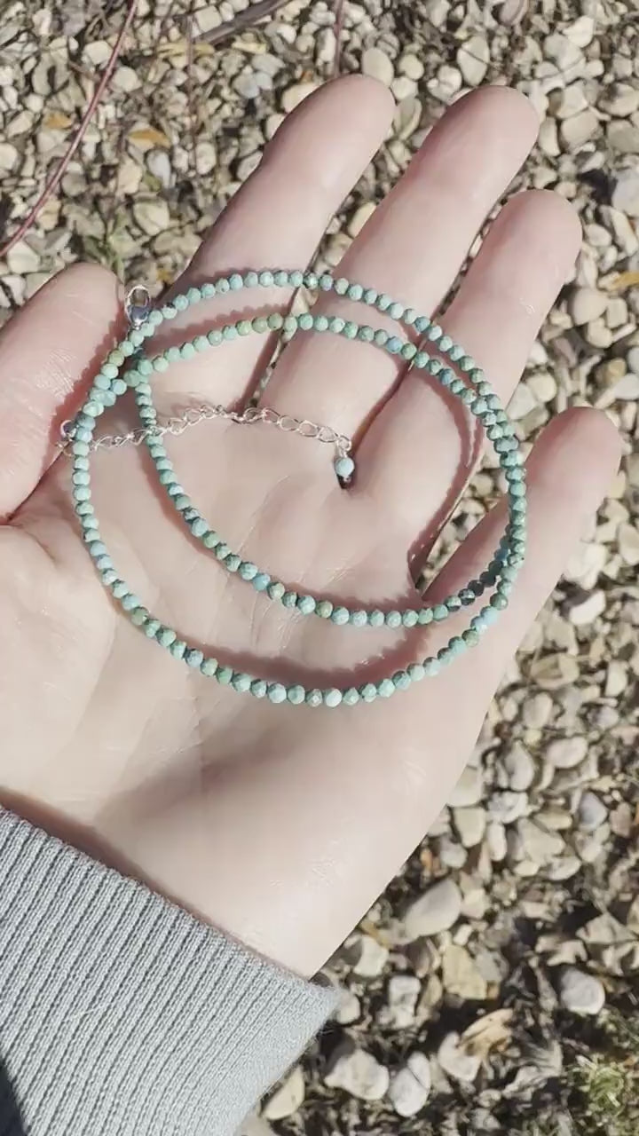 Faceted Turquoise and Sterling Silver Beaded Necklace. Tiny 2mm beads