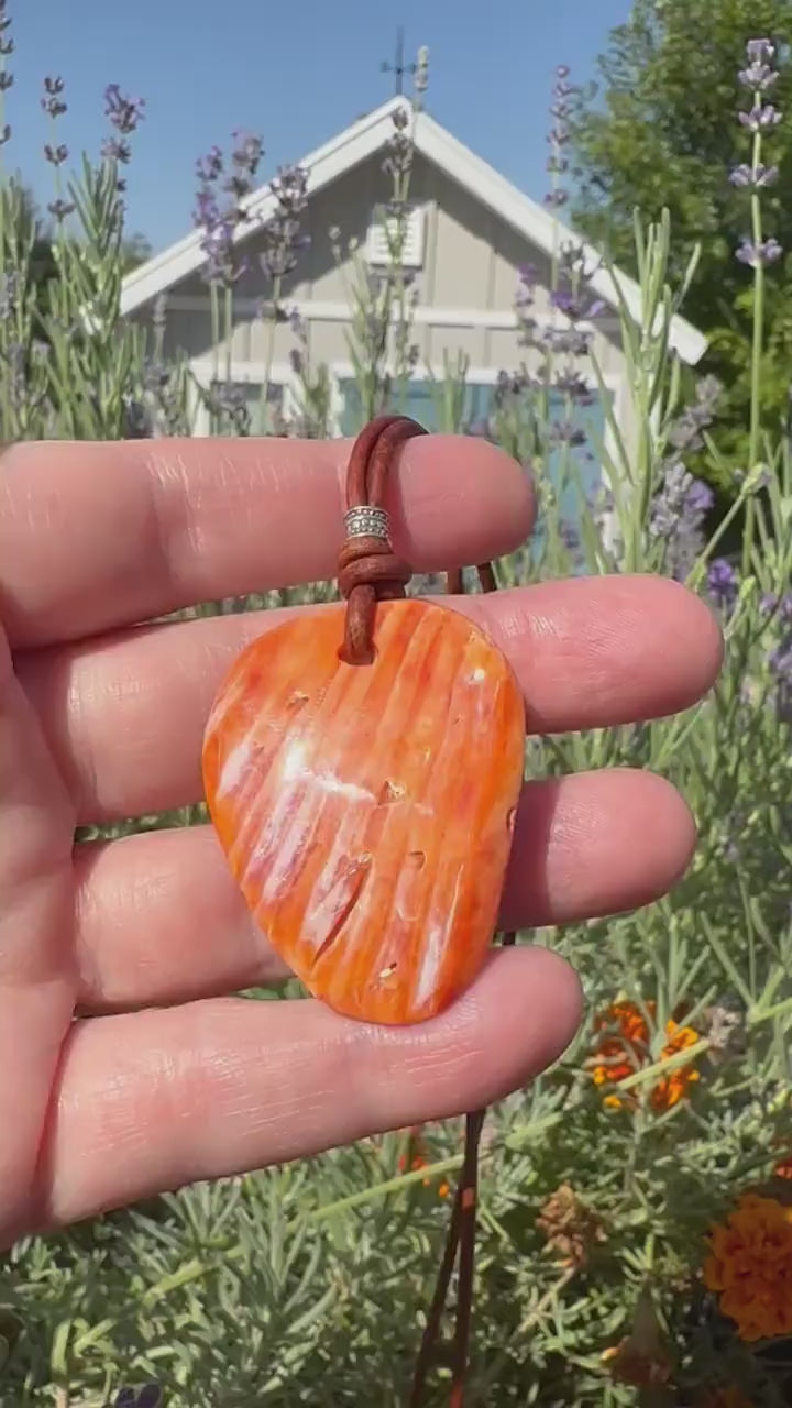 Beautiful Orange Spiny Oyster Shell, Thai Hill Tribe Silver and Leather Necklace