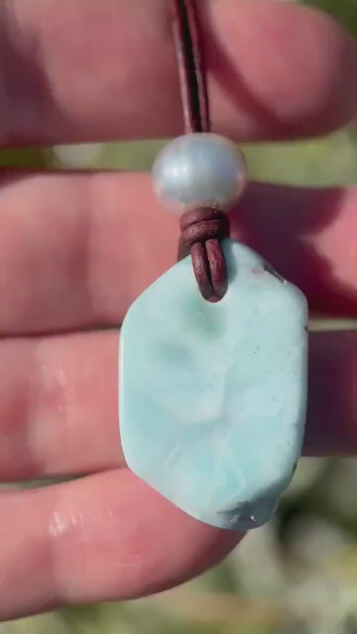 Larimar Nugget Necklace - Genuine Larimar Pendant, Leather Necklace, Blue Larimar Jewelry, Ocean Inspired Gift