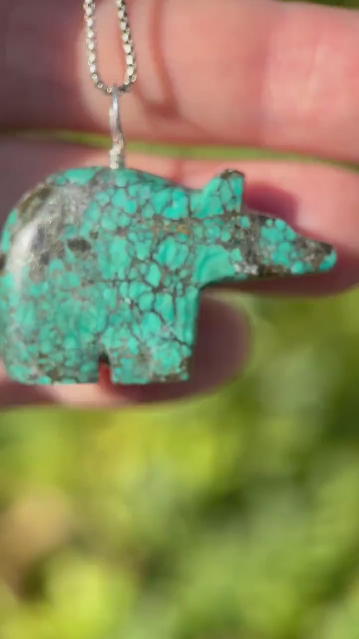 Carved Turquoise Bear Pendant - Solid Sterling Silver Necklace - Vintage Zuni 3D Carving Fetish - Southwest Boho Unique - Choose Your Bear