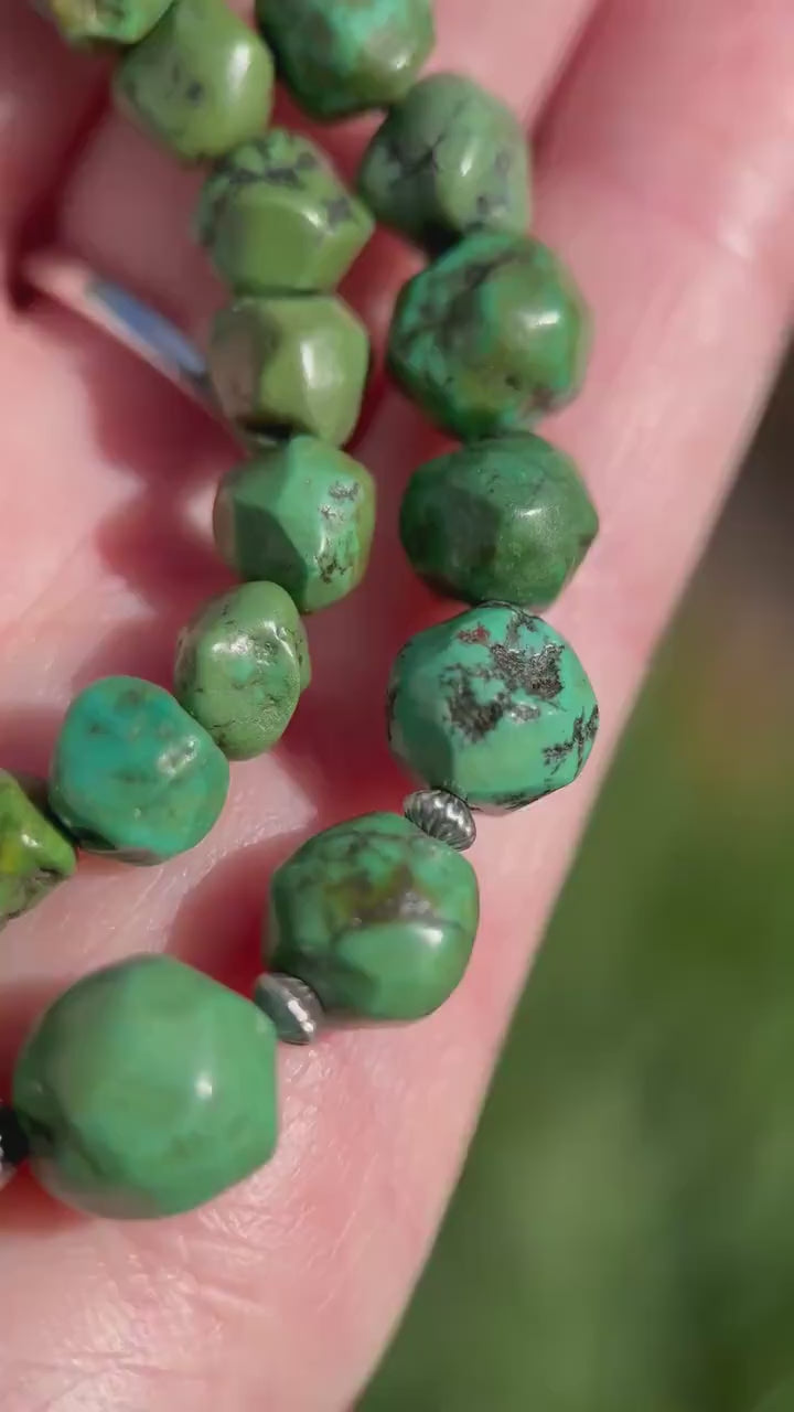 Green Turquoise Necklace, Turquoise Nugget Necklace, Sterling Silver Navajo Pearl Jewelry