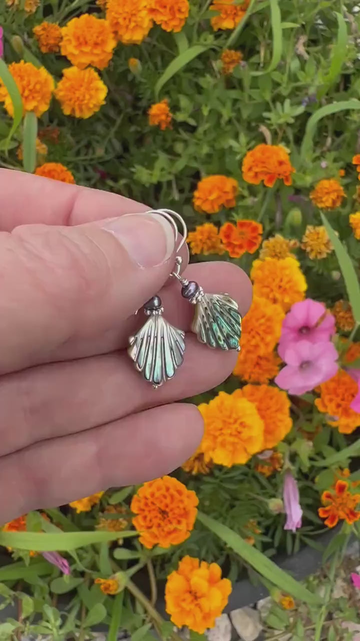 Paua Abalone Shell, Freshwater Pearl and Sterling Silver Earrings