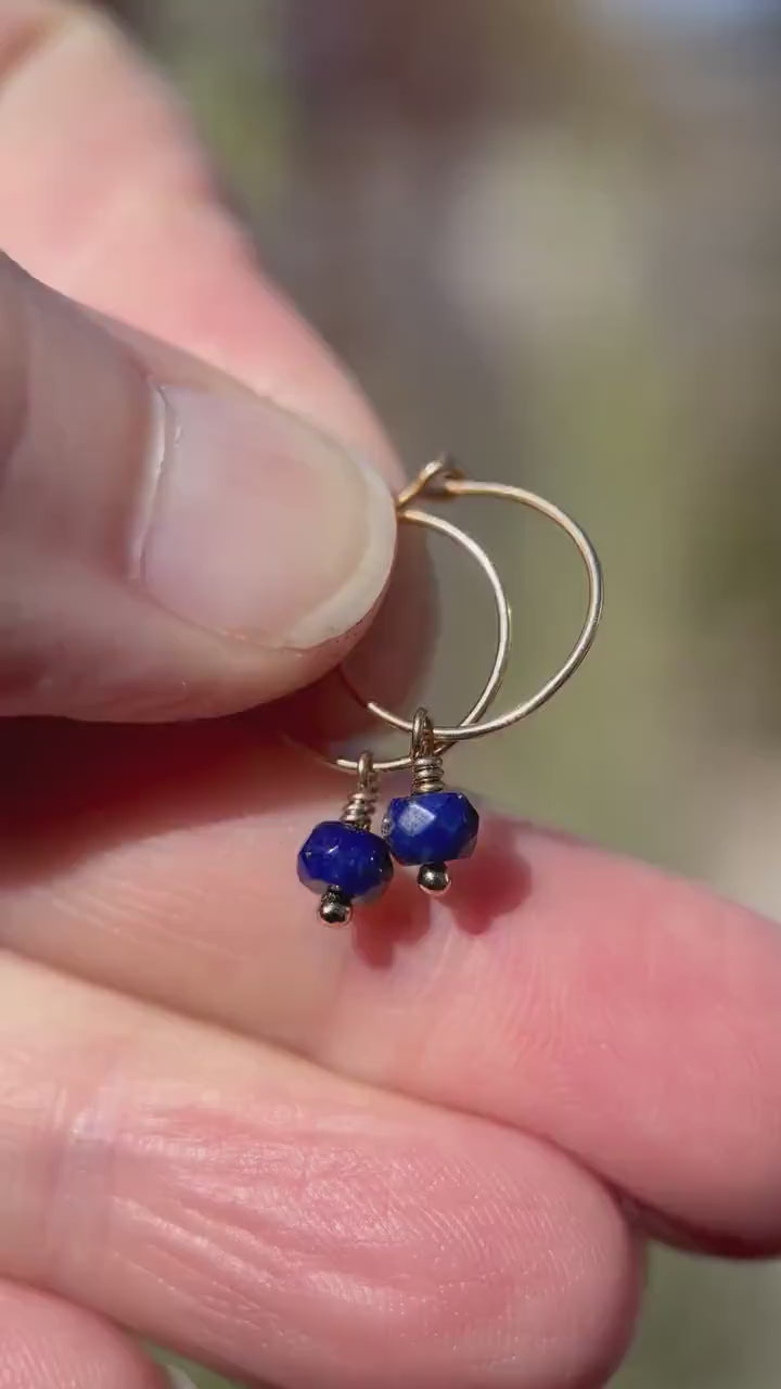 Lapis Charm Hoop Earrings Available in Solid 925 Sterling Silver, 14k Yellow or Rose Gold Fill