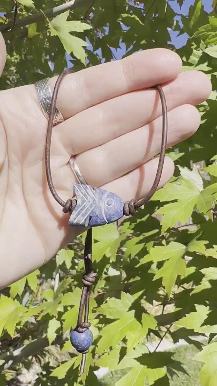 Lapis Lazuli Carved Flower and Brown Leather Necklace